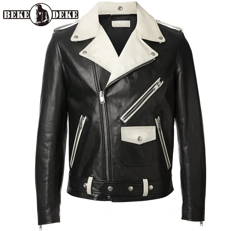 

Brand Designer Mens Biker Sheepskin Genuine Leather Jacket Colors Mixed Slim Fit Short Motorcycle Coat Autumn Windproof Jackets