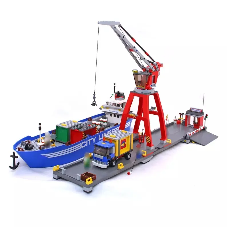 695pcs City Ultimate Harbour Port Lines Cargo Ship Working Crane 02034 Figure Building Blocks Toys Compatible With