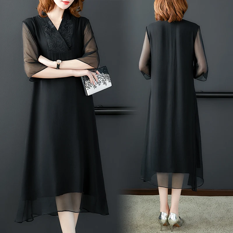 Черное шелковое платье Женский 2020 Сезон весна-осень Новинка Женские туфли