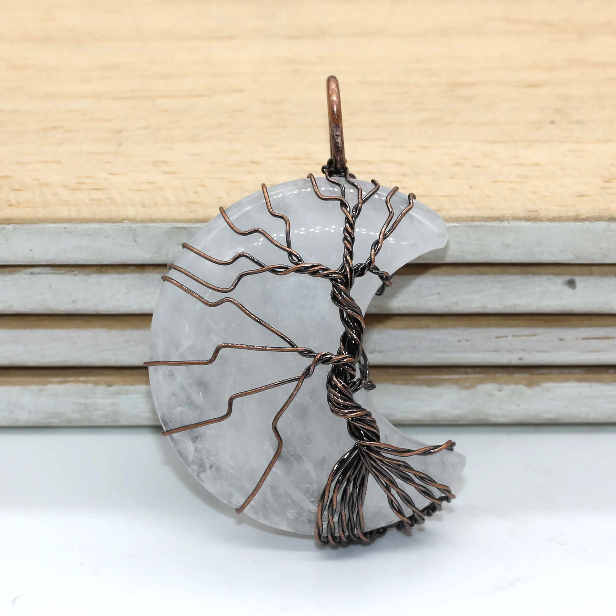 

100-Unique 1 Pcs Copper Plated Half Moon Natural Rock Crystal Pendant Antique Jewelry