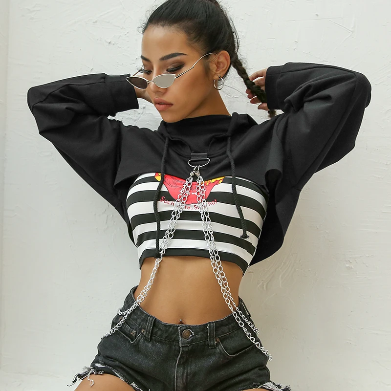 Женская укороченная толстовка черный Свободный пуловер с длинным рукавом и