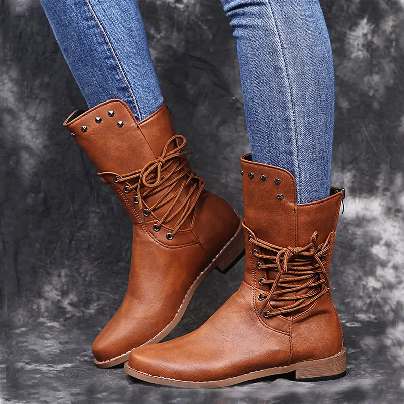 

Женские ковбойские сапоги из искусственной кожи, черные, коричневые сапоги до середины икры с перекрестными заклепками на низком квадратном каблуке, обувь на осень-зиму 2021