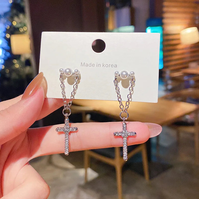 

Wholesale Silver Plated Full Stone Cross Pearl Vintage Chain Eardrops Earrings Jewelry Gift
