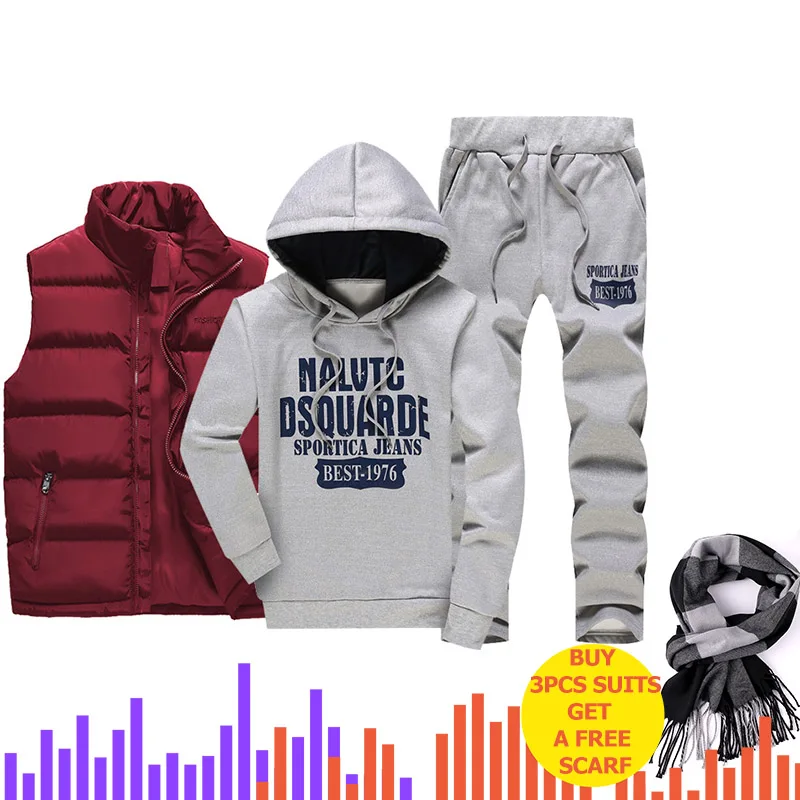 Комплект из 3 предметов с капюшоном, мужские спортивные костюмы, мужской зимний утепленный спортивный костюм, 3 предмета, куртка с меховым капюшоном+ флисовые толстовки+ штаны, мужской костюм - Цвет: Red Gray SH215
