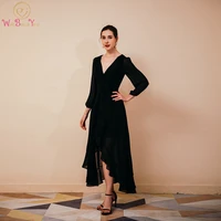 black evening dresses 2021 stock cheap chiffon 34 three quarter sleeves long a line short front long back a line prom gowns