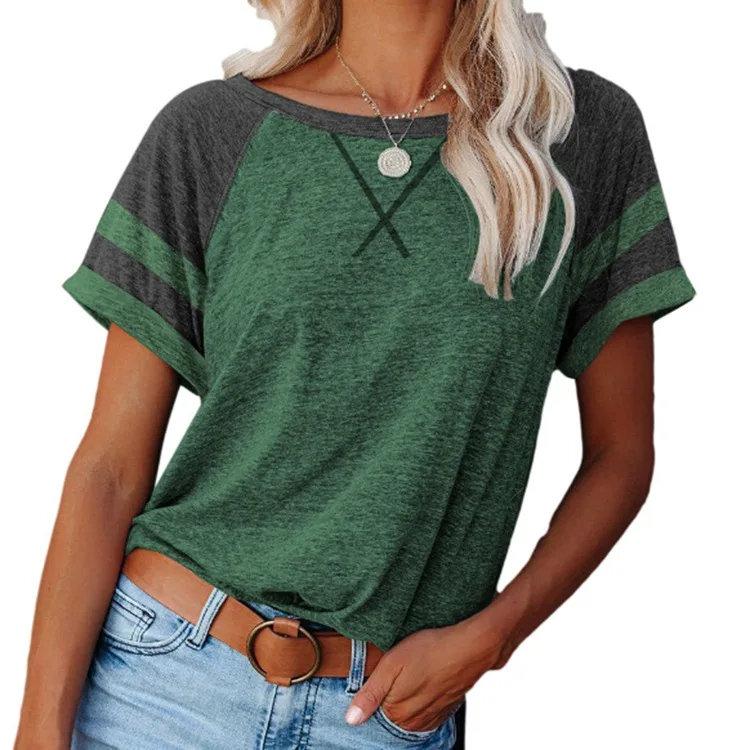 

2021 European and American spring and summer new women's color matching cross loose top short-sleeved casual T-shirt GPZB11
