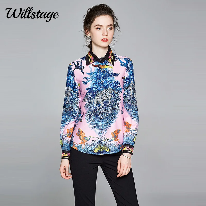 

Willstage women shirts long sleeve animals pattern button collar shirt leopard printed blouse 2020 Autumn new clothes female