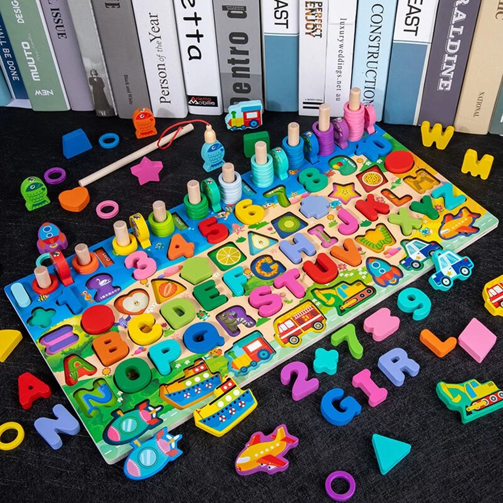 

Montessori Educational Wooden Toys Children Busy Board Math Fishing Children's Wooden Preschool Montessori Toy Counting Geometry