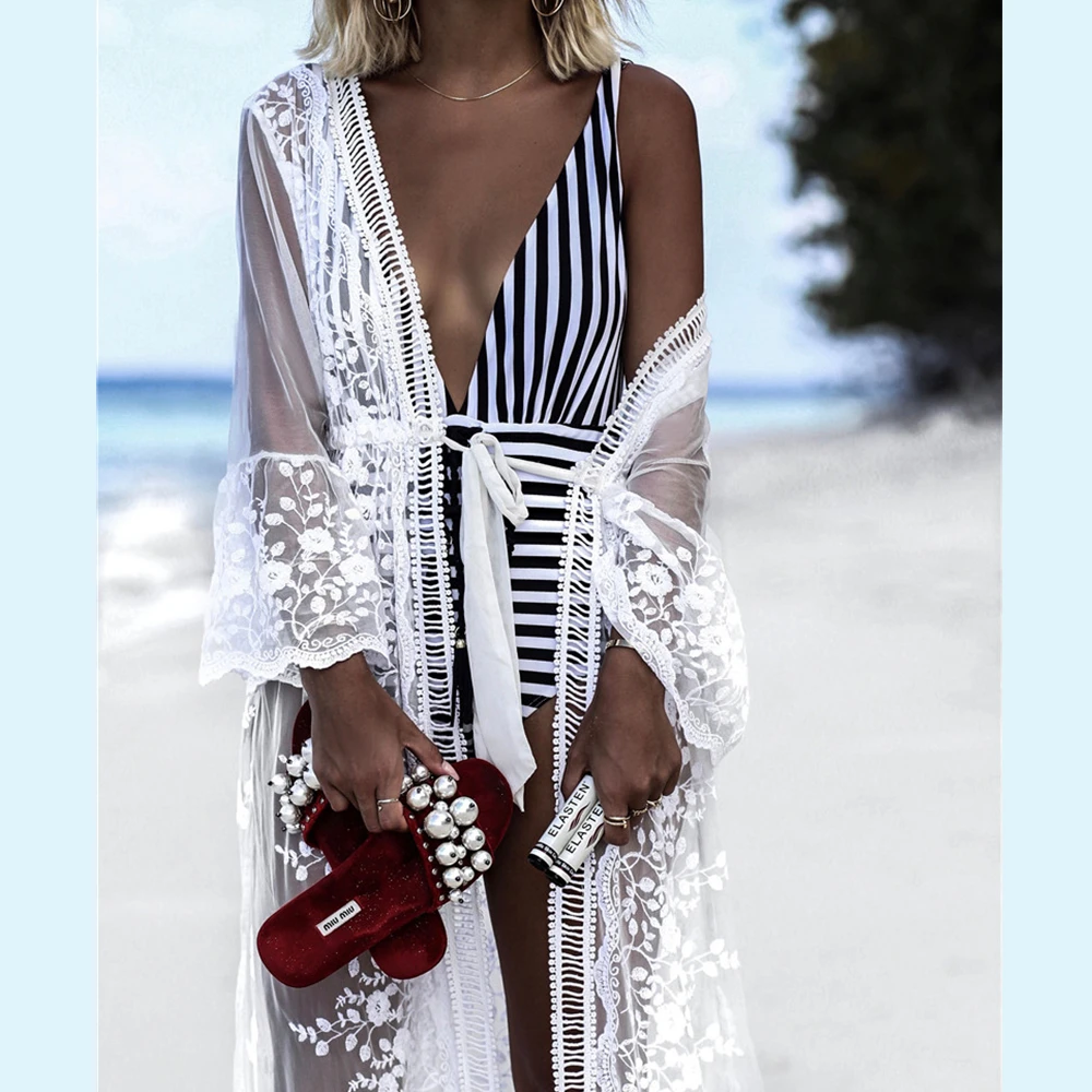 

New Arrival Women’ s Beach Bikinis Cover Ups Long Lace Blouse Covers Swimwear Long Sleeve Maxi Cardigan Bikini Covers Up Dress