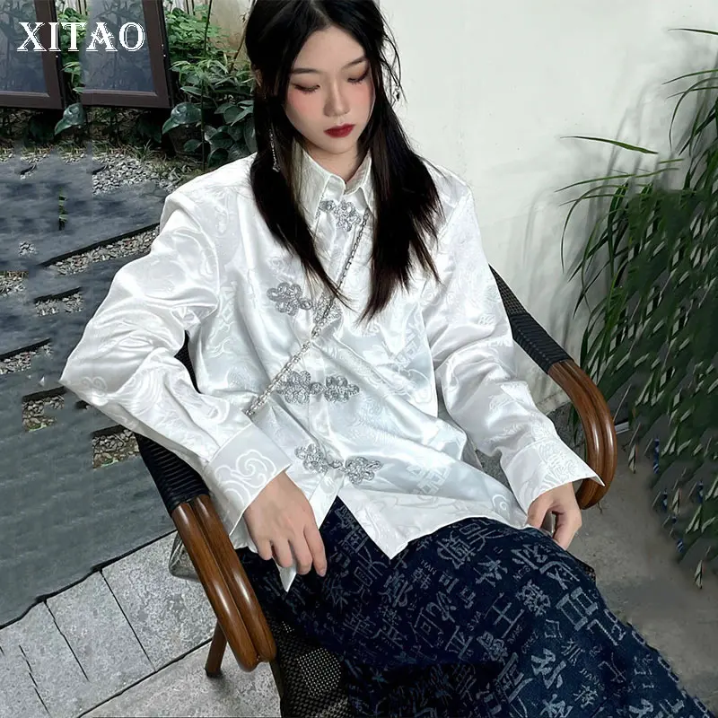 

XITAO, модная винтажная рубашка с ковшом, однотонная, жаккардовая, повседневная, простая, темпераментная, Свободный Топ, новинка 2022, универсаль...