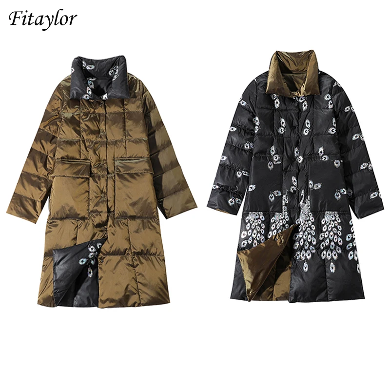 

Fitaylor Winter Plus Size 4XL Double Sided Down Long Jacket New Women 90% White Duck Down Coat Printing Slim Warm Snow Outwear