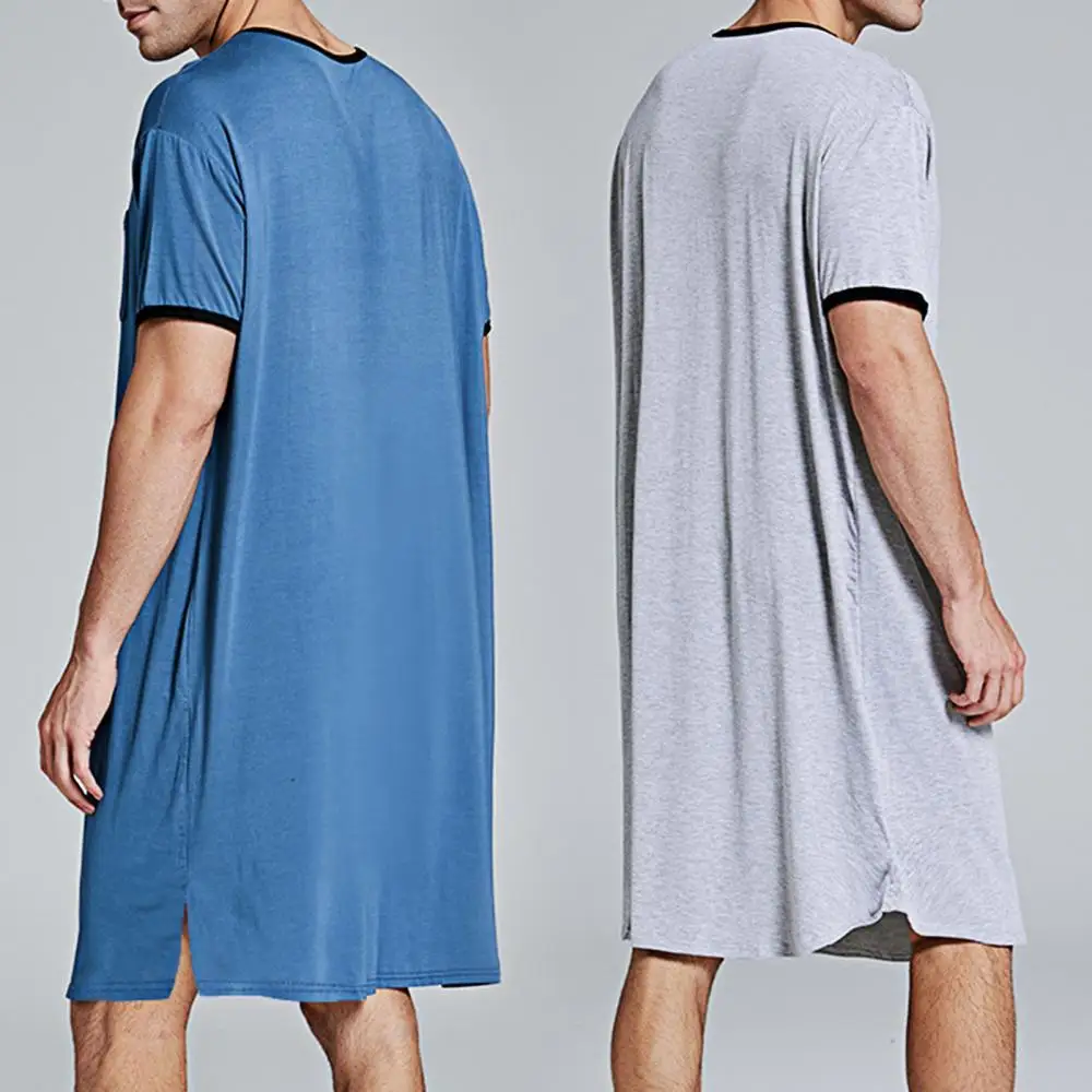

Men Short Sleeve O Neck Pocket Nightdress Loose Knee-length Nightgown Homewear