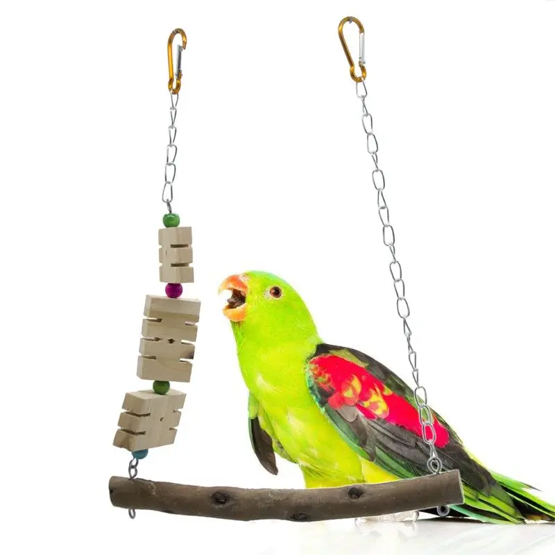 

Bird Parrot Swing Perch Cage Hanging Toy Natural Wood Stand with Chew Blocks 517E