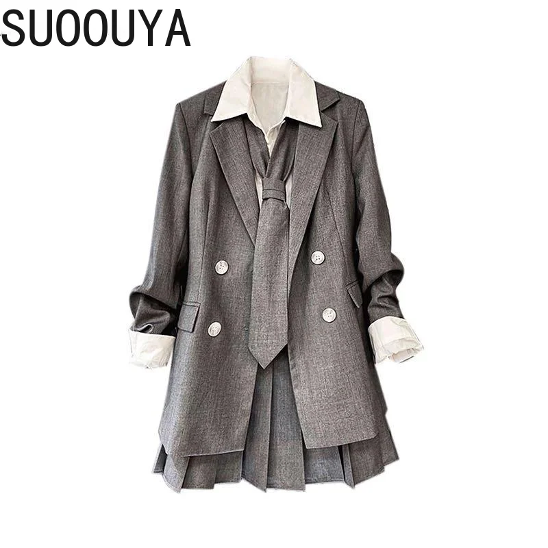 

[SUOOUYA] Korea Women Loog Sleeve Blazer Skirt Sets Cotton White Blouse High Waist Pleated Skirt Vintage Suit Coat 3 Piece Set