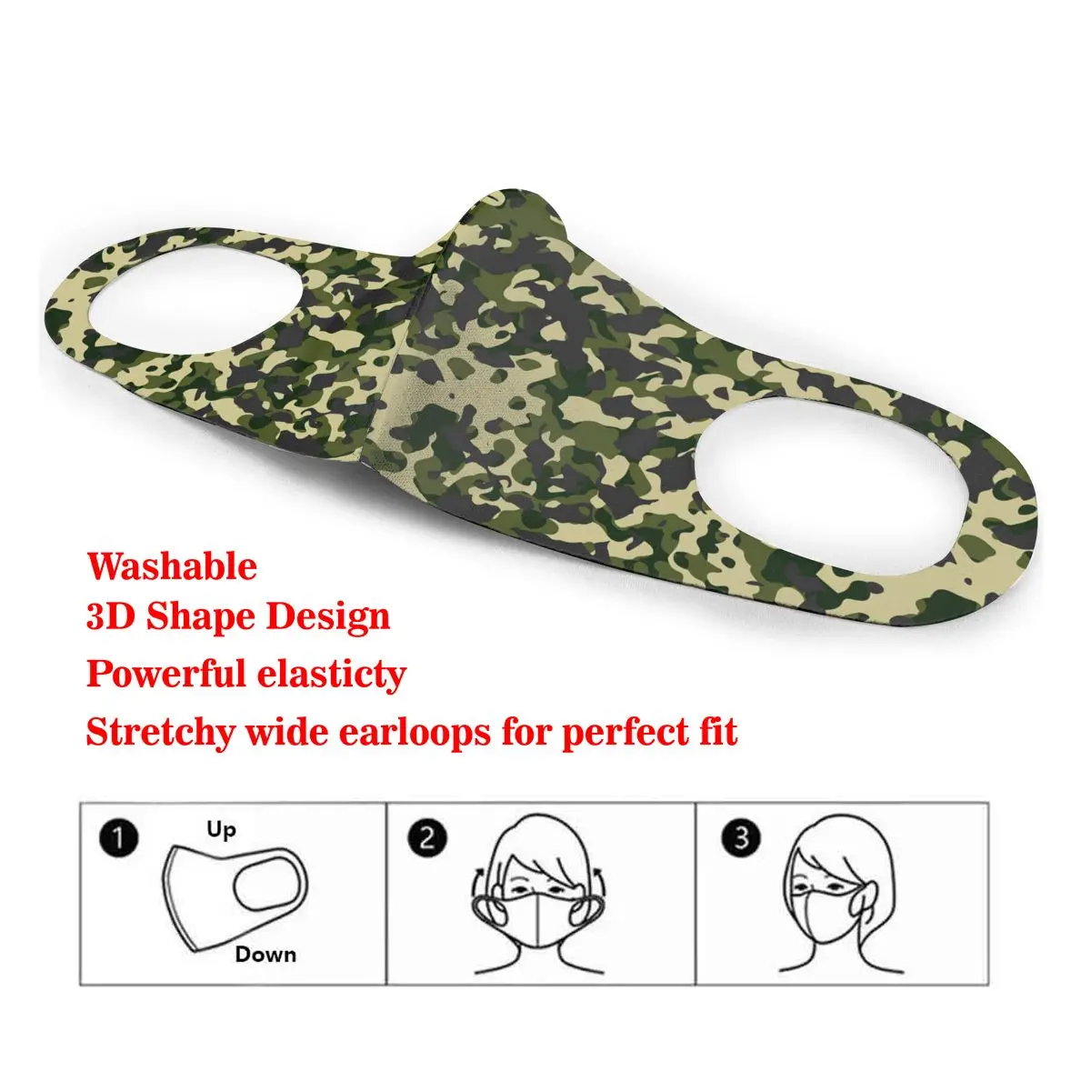 

Green Army Camo Washable elastic Earloop Face Breathing Mask Reusable Anti Dust Cotton Mouth For Adults