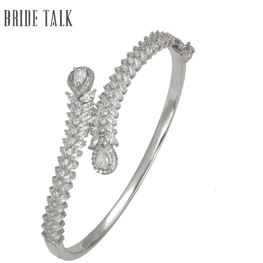 silver color bangle Изысканные циркониевые браслеты для невесты, свадебные ювелирные кристаллы, наборы колец для женщин - Окраска металла: silver color bangle