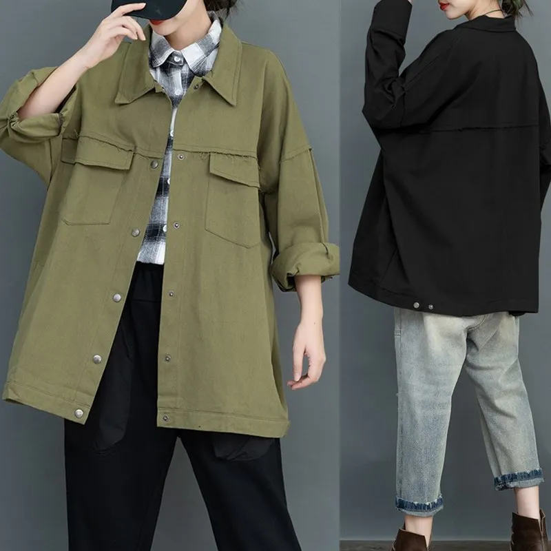 

Denim Jacket Female Korean Loose Oversize 2021 Spring Autumn Femme Tooling Mid-Length Windbreaker Women Big Pocket Outwear