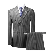 2 pieces suit mens striped business grey suits groom tweed wool brown tuxedos for evening wedding blazerpants