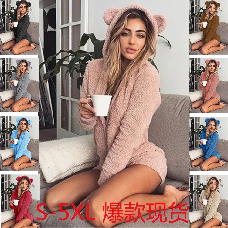 

Autumn and winter hot style hooded long-sleeved plush jumpsuit S-5XL