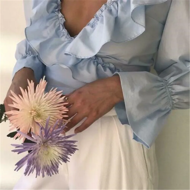 Сексуальный женский укороченный топ с оборками v-образный вырез рубашка длинным