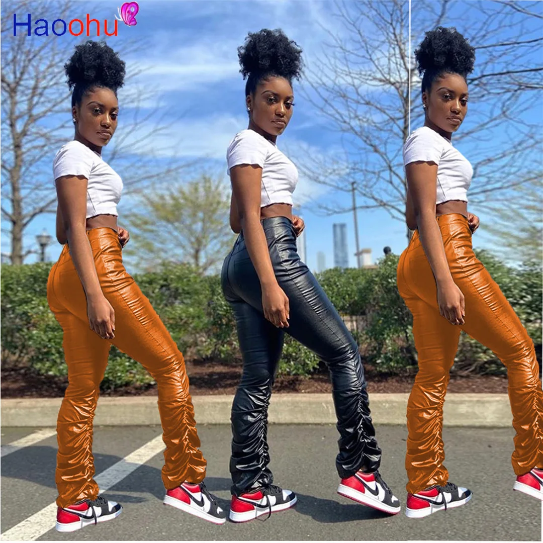 

HAOOHU Faux Leather Lounge Stacked Pants for Women High Waist Leggings PU Pencil Trousers Draped Jogger Streetwear Sweatpants