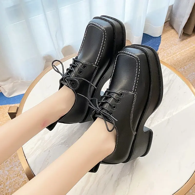 

Woman Winter Warm Black High Heels Shoes Dropshipping Fashion Square Pumps Lace Up PU Leather Platform Shoes Toe Chunky Women
