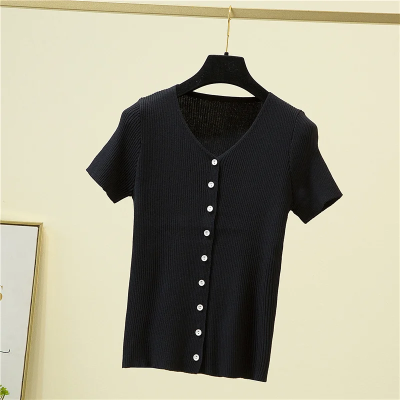 

Knited Sweaters Short Sleeve Women New Summer V Neck Slim Thin Button Knitwear Female Ribbed Solid Basic Casual Cardigan Femme