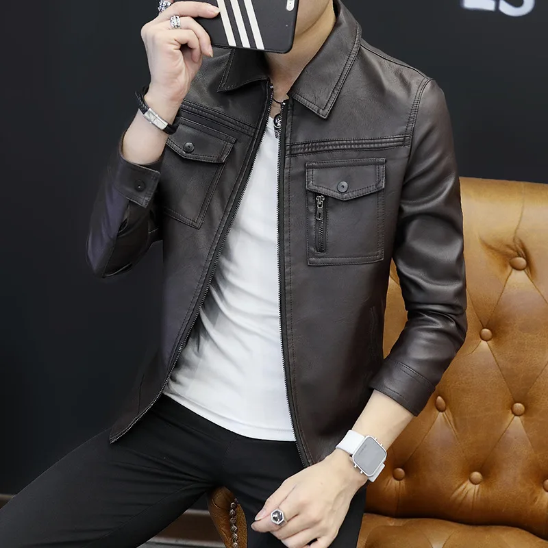 

Autumn 2020 Men's Lapel Leather Youth Motorcycle Handsome Casual Double Pocket PU Leather