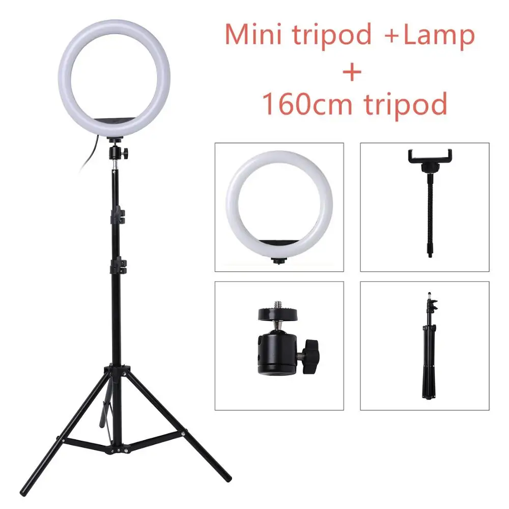 Include 160cm tripod Светодиодный кольцевой светильник-монопод для селфи с регулируемой яркостью 10 дюймов, кольцевой светильник для камеры телефона с подставкой и штативом для макияжа, видео в студии - Цвет: Include 160cm tripod