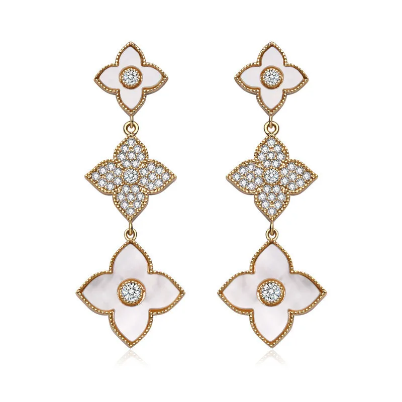 

Natural Shell Stone Flower Pendant Earrings for Woman Vintage Luxury Exquisite Crystal Statement Earrings Party Jewelry Gifts