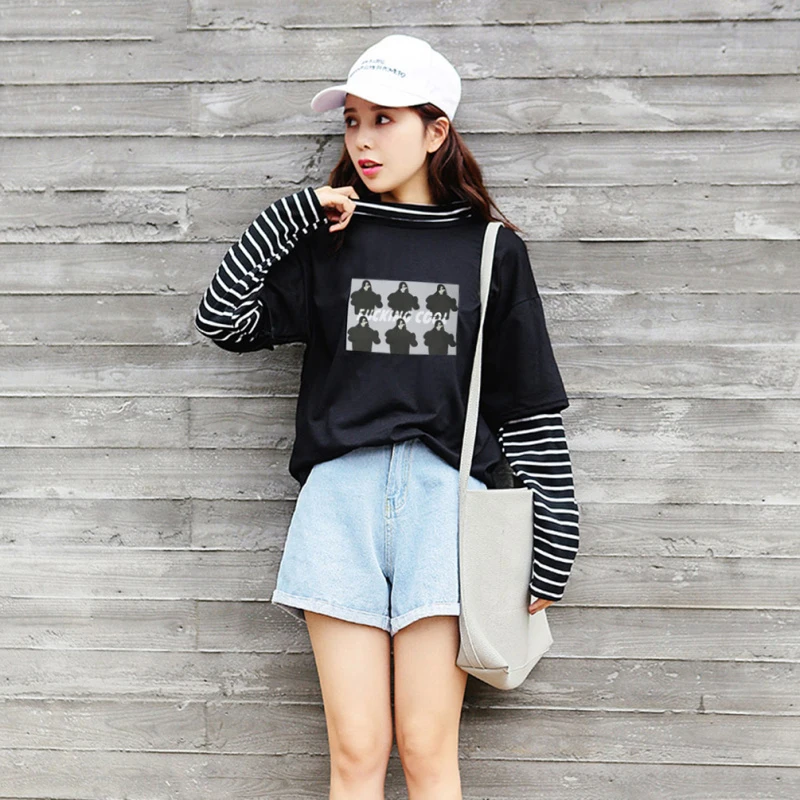 SWEETKAMASpring/Осенняя женская футболка с буквенным принтом в полоску Повседневная