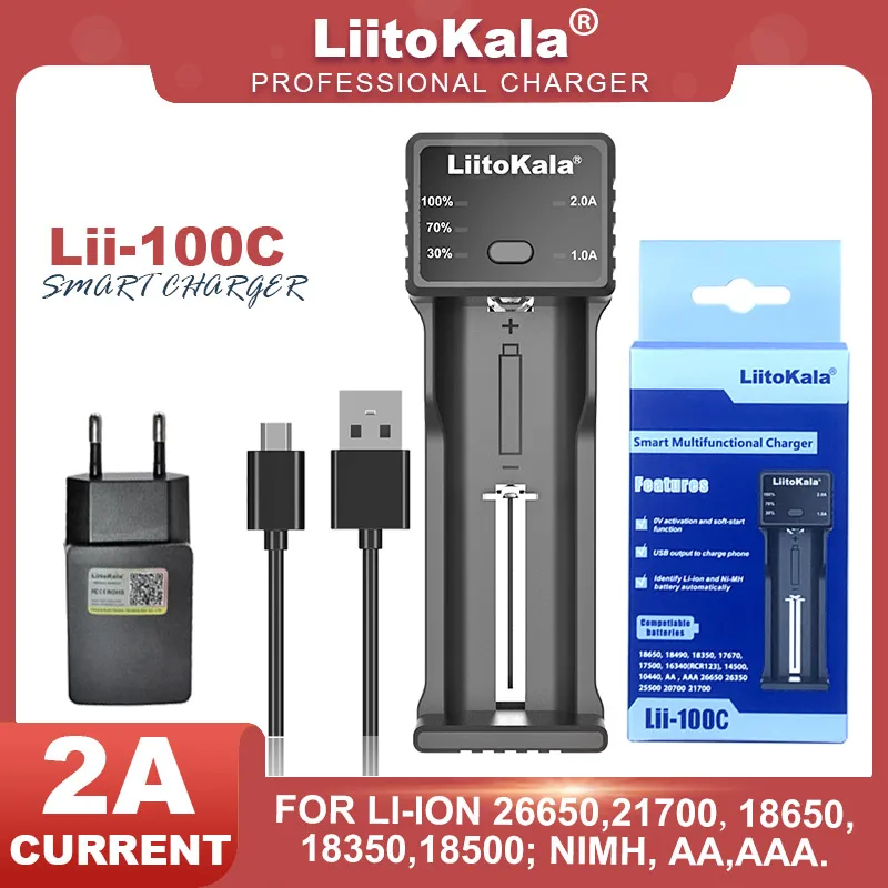 

LiitoKala Lii-100C 18650 Rechargeable Battery Charger For 3.7V 21700 18350 26650 1.2V AA AAA Ni-MH 5V 2A USB Output Fast Charge