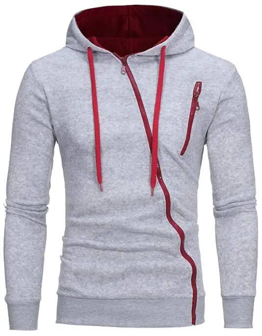 Light Gray Hoodies Мужские толстовки Мода Косой молнии сплошной длинный рукав с капюшоном куртка повседневные тонкие толстовки хип хоп кардиган уличная - Color: Light Gray Hoodies