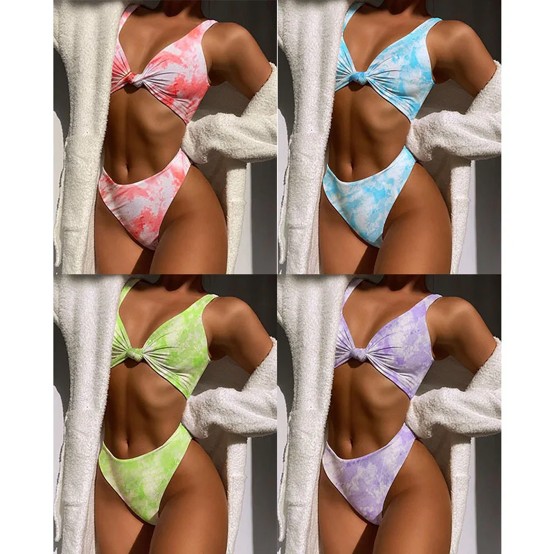 

Tie Dye Swimsuit Bikini 2021 Bandage Push Up Bikini Set High Waisted Swim Suit Sexy Women Swimwear Knotted Swimming Bathing Suit