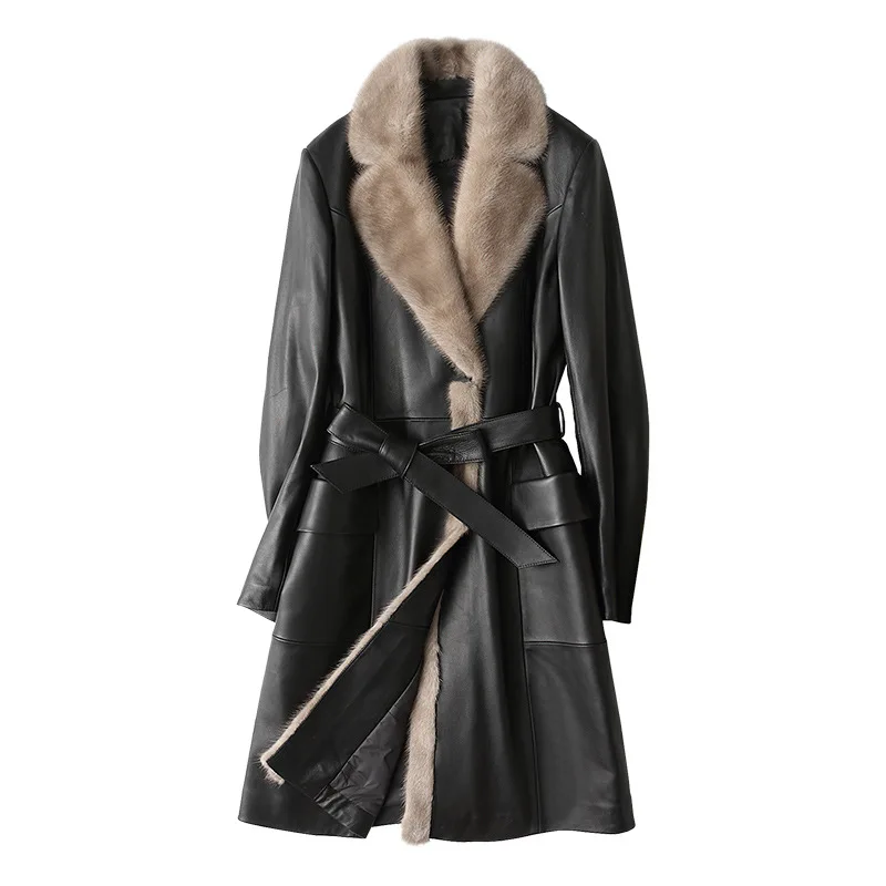 

Long Winter Women Luxury Overcoat Belted Real Mink Fur Collar Down Jacket Slim Fit Coat Ladies Sheepskin Genuine Leather Jacket