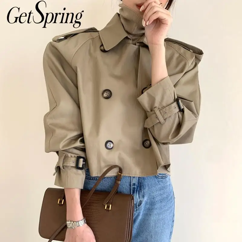 

GetSpring Women Trench Coat Retro Khaki Women Windbreaker Double Breasted Short Women Coats Loose Casual Trench Autumn 2020 New
