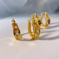 women zircon shiny thick real gold plated earrings hoop entry lux gift jewelry