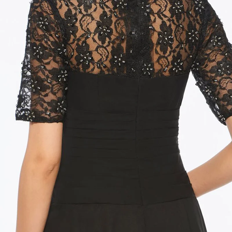 

Elegant Black Mother of The Bride Dress O-neck Short Sleeves Wedding Party Gowns Chiffon Lace Beading Mother Dresses for Wedding