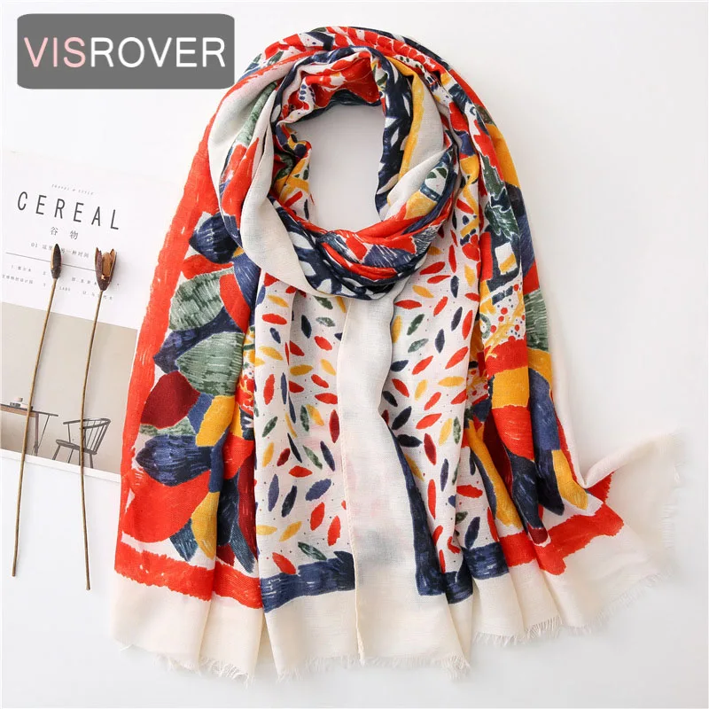 VISROVER 2020 Fashion Summer Small Geometric Printing Viscose Scarf With Fringer Red Wraps Black Shawls Beach Wholesales |
