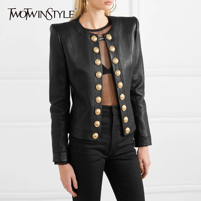 TWOTWINSTYLE черные женские Куртки из искусственной кожи двубортное Женское пальто с длинными рукавами большие размеры Осенняя мода OL Новинка