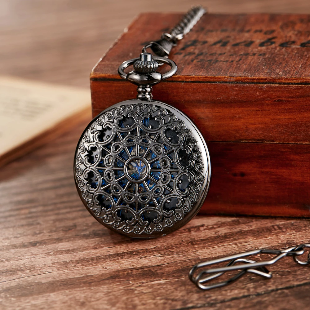 Black Classic Roman Mechanical Pocket Watch Carving Men Watches Stylish Retro Fob Hand Wind Double Hunter Clock Best Gifts