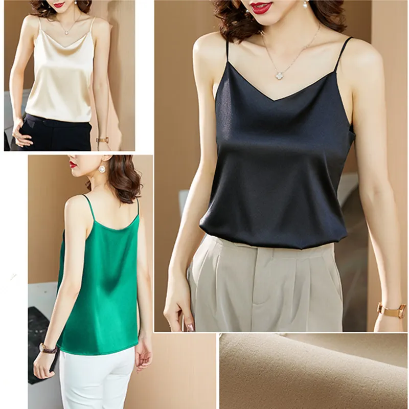 

Korean Silk Women Tops Woman Satin Halter Top Tees Women Sleeveless Silk Tanks Tops Woman Satin V-neck Top Camis Plus Size 4XL