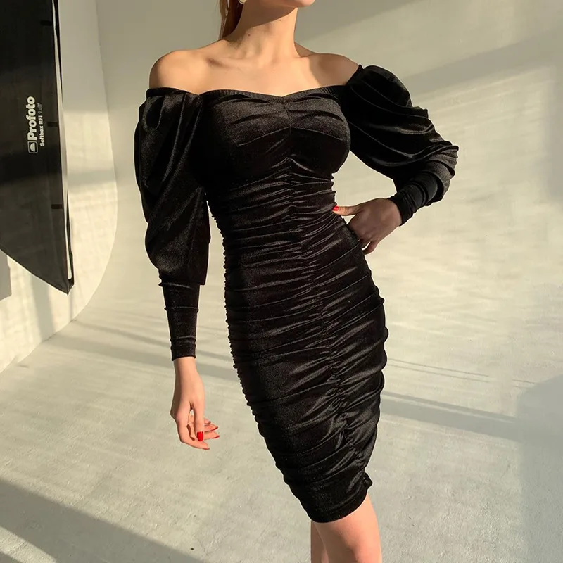 

Summer Dress Sexy Women dreesesPuffy Long Sleeve Korean Velvet Dress 23569P Sexy Fall Slim Fit Temperament Dress Female Robe