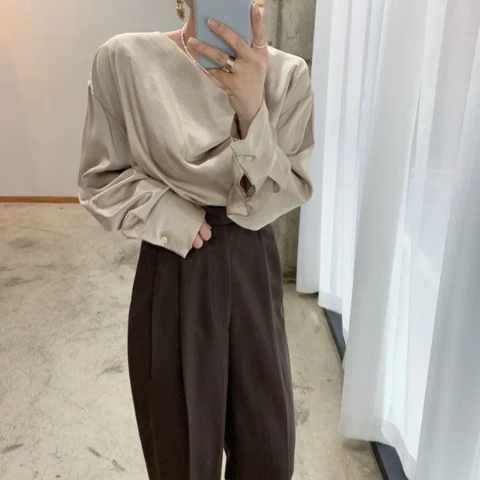 

SuperAen французская Офисная Женская однотонная шелковая рубашка с круглым вырезом, Повседневная Женская блузка