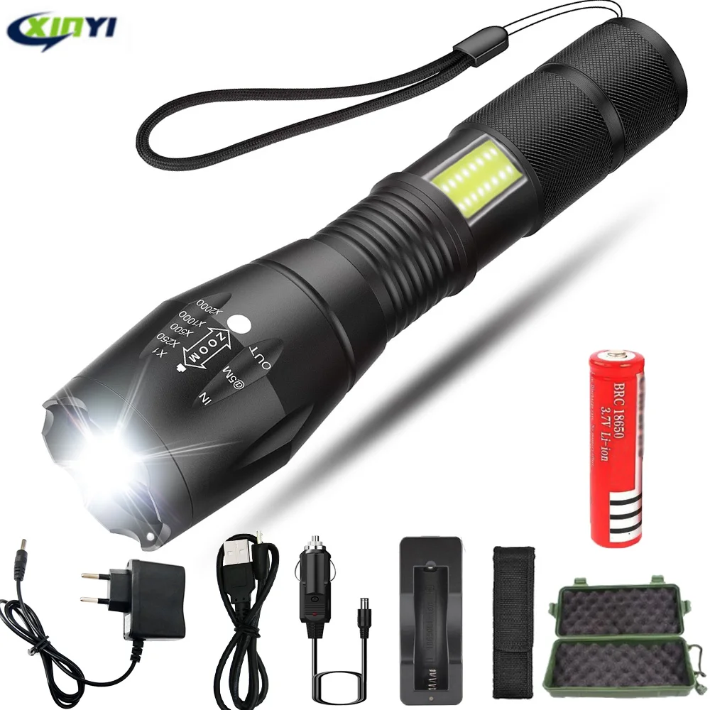 

5000LM Powerful LED Flashlight Side COB Lamp Design T6 Zoomable torch 4light modes use18650 battery + charger, for camping
