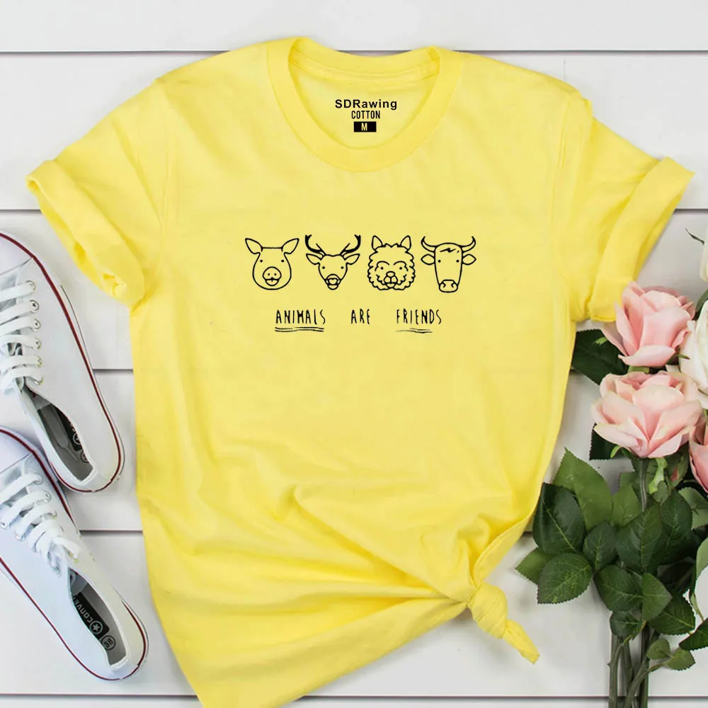 Harajuku/милые хлопковые футболки с принтом Animals Are Friends, футболки для веганов, женская одежда унисекс, повседневные топы, футболки с круглым вырезом, S-3XLdrop
