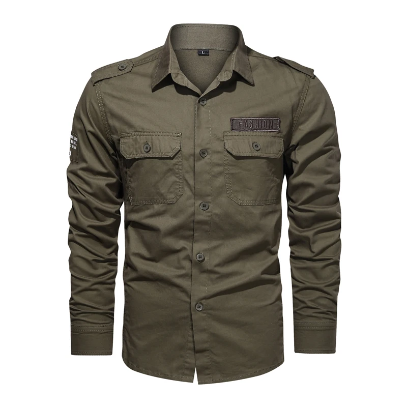 

Men's New 100% Cotton Long Sleeve Shirt Lapel Single Breasted Military Green Slim Fashion Fall Casual 4XL Plain Shirt For Men