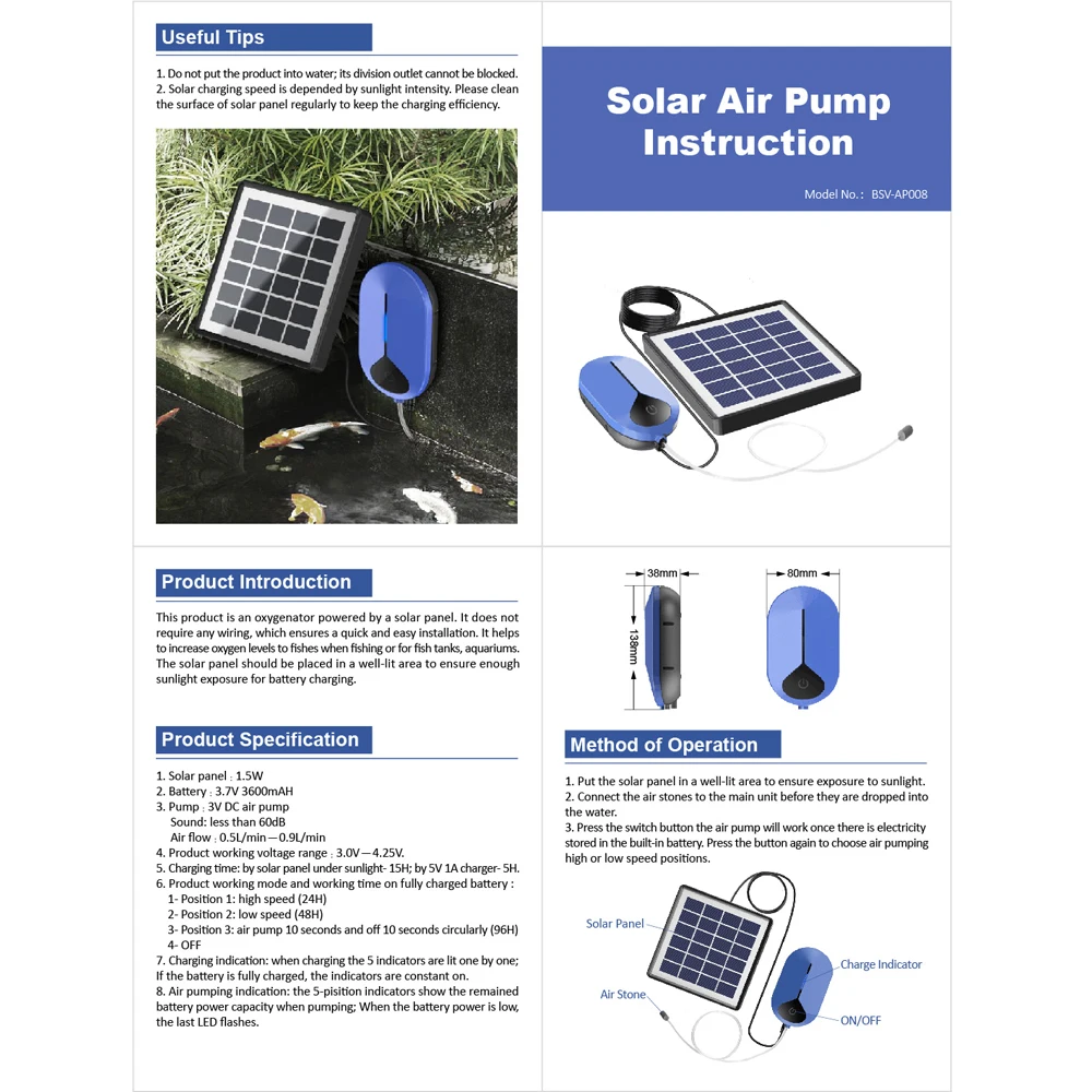 

Solar Energy Power Aquarium Oxygen Pump Air Stone Oxygen Aerator Oxygenator Air Pump Waterproof For Aquariums Fish Tank Pools