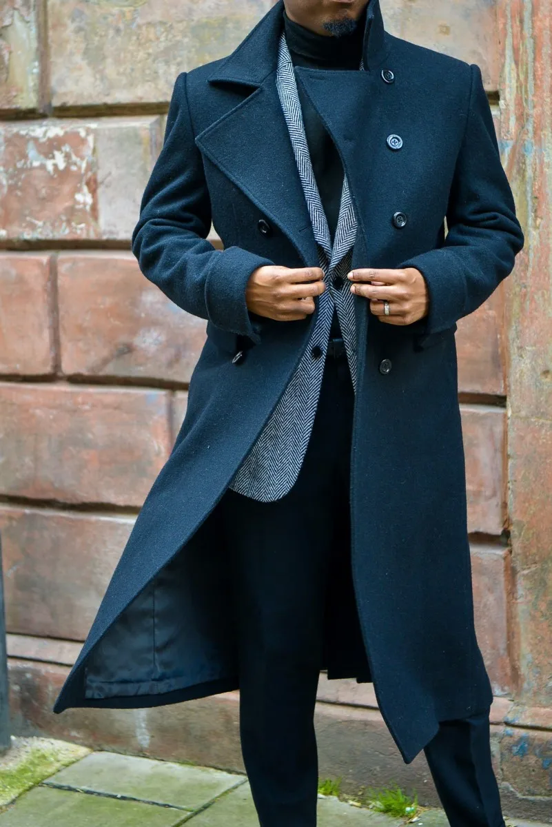 Black Thick Greatcoat Wool Men Suits Peaked Lapel Outfit Custom Made One Piece Long Overcoat High Quality Jacket