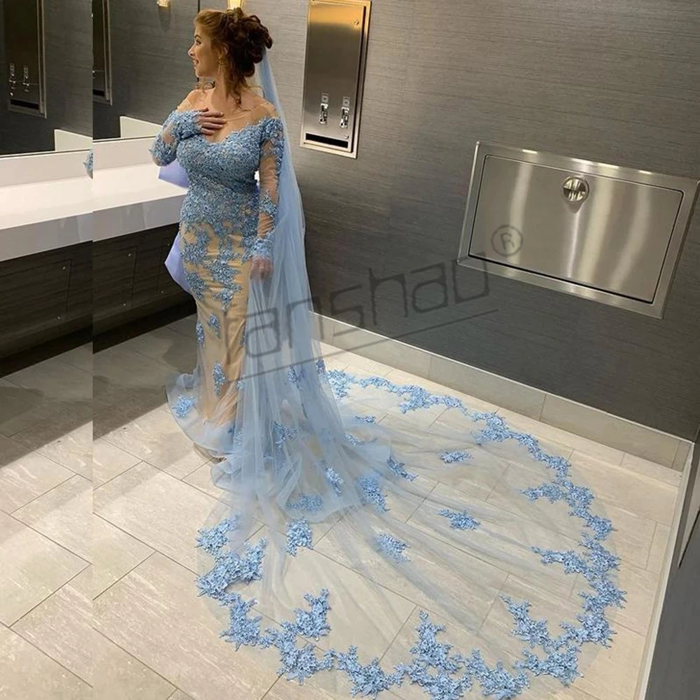 Женское вечернее платье с юбкой годе Fanshao синее круглым вырезом открытой спиной и